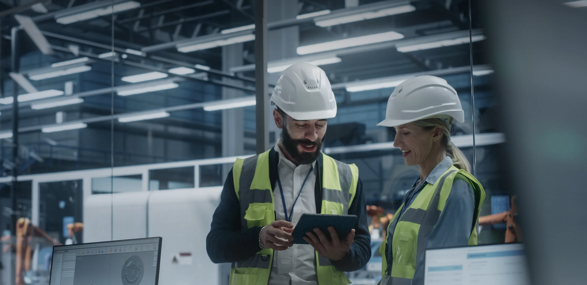 Dois profissionais com capacetes analisam um tablet em uma instalação industrial, na fotografia da campanha oficial da OTMSuite.